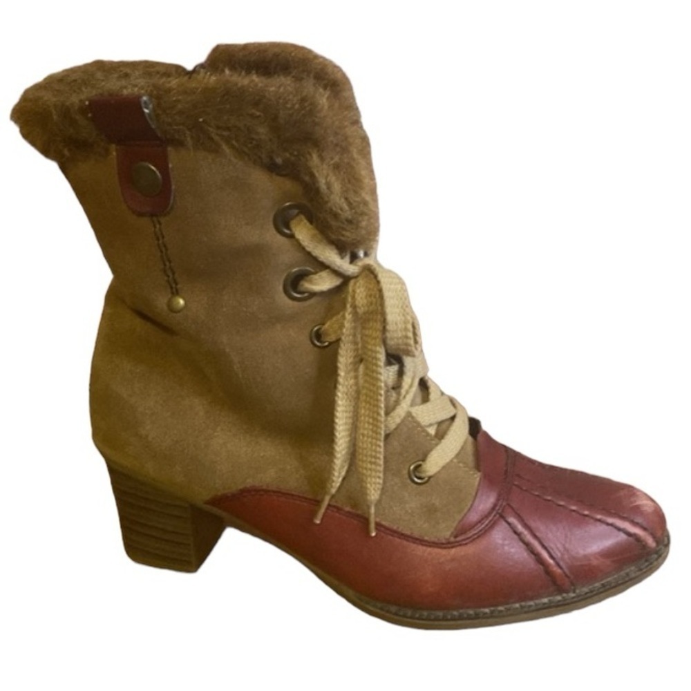 Rieker Victorian Style Lace Up Faux Fur Leather Heeled Ankle Boot Size EU 38